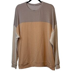 Shein Oversize Waffle Knit Color Block Pullover Neutral Tone Comfort Casual #